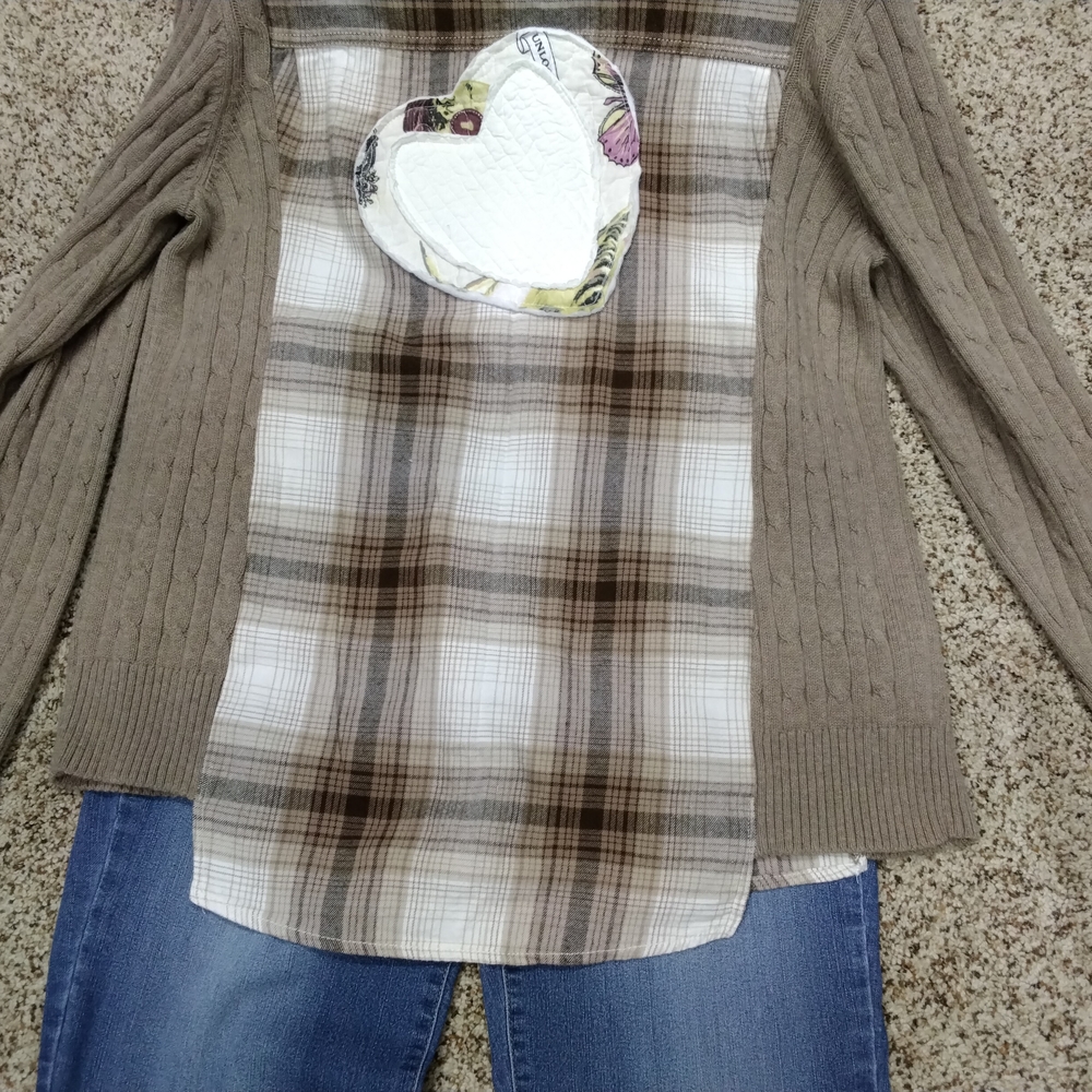 3857 Size XL Upcycled Plaid Button Down Shirt with Cable Knit Sleeves - Picture 5 of 5